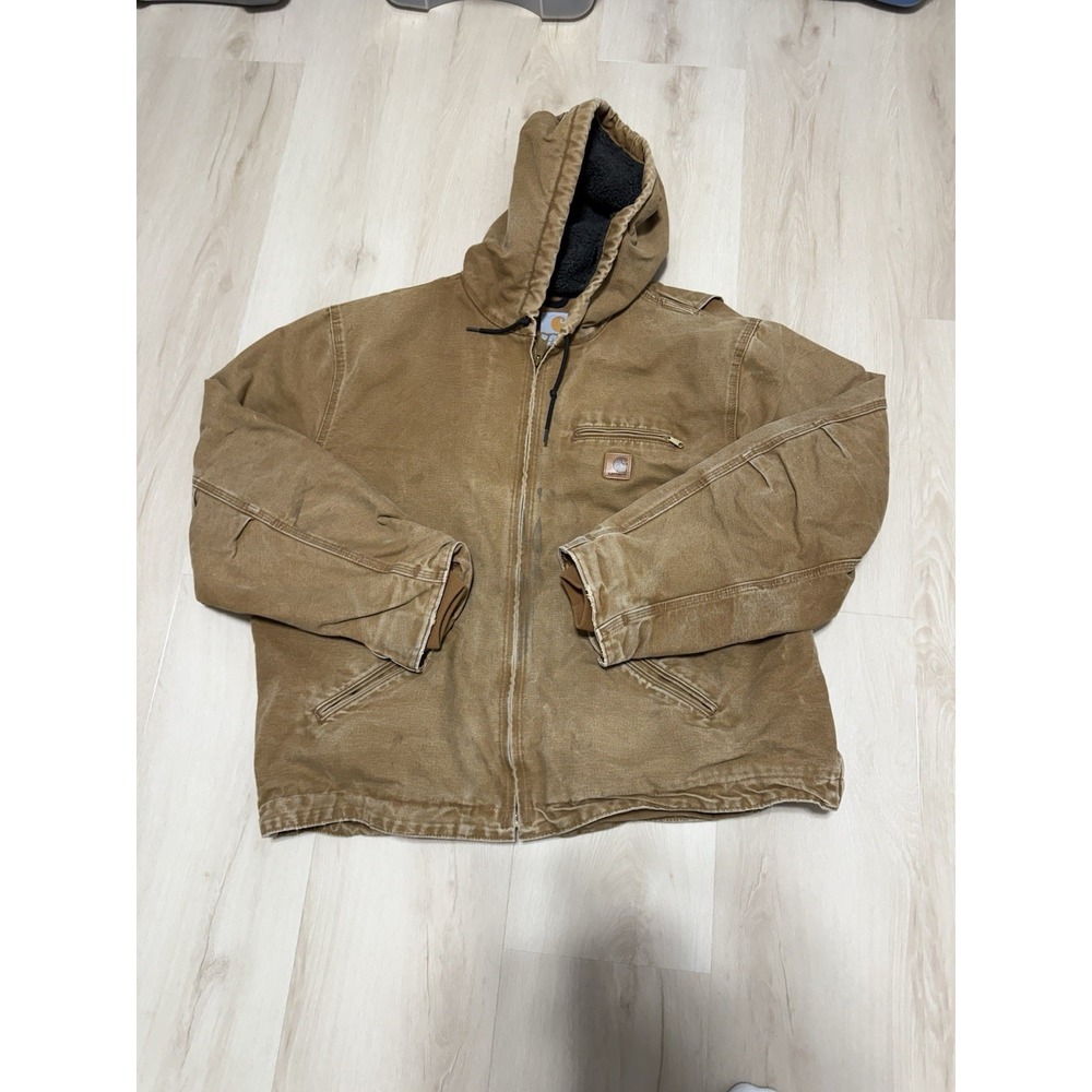Carhartt Men's Size 2 LXL Distressed Tan J141 BRN Sherpa Lined Hooded Jacket